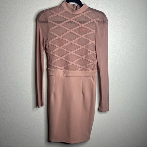 GUESS- NWT Bodycon Mesh Sleeves dress in Mauve Size S - Picture 1 of 2